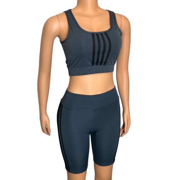 AQ - Sport Activewear Gray Black striped Biker Short 2 piece Set Size M NWT - Picture 1 of 17